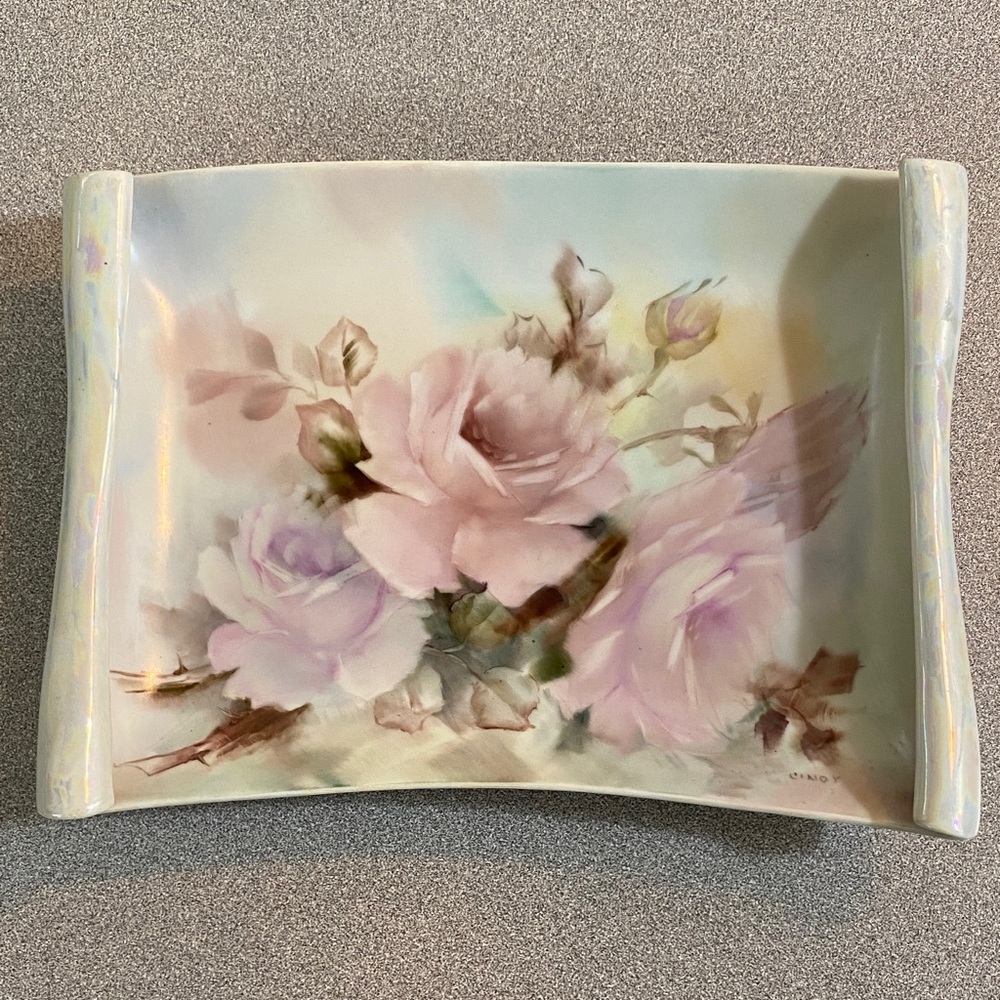 Floral Hand-Painted Tray with Pink Roses